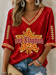 Women's Red Kingdom Mid-length Sleeves V-Neck T-Shirt