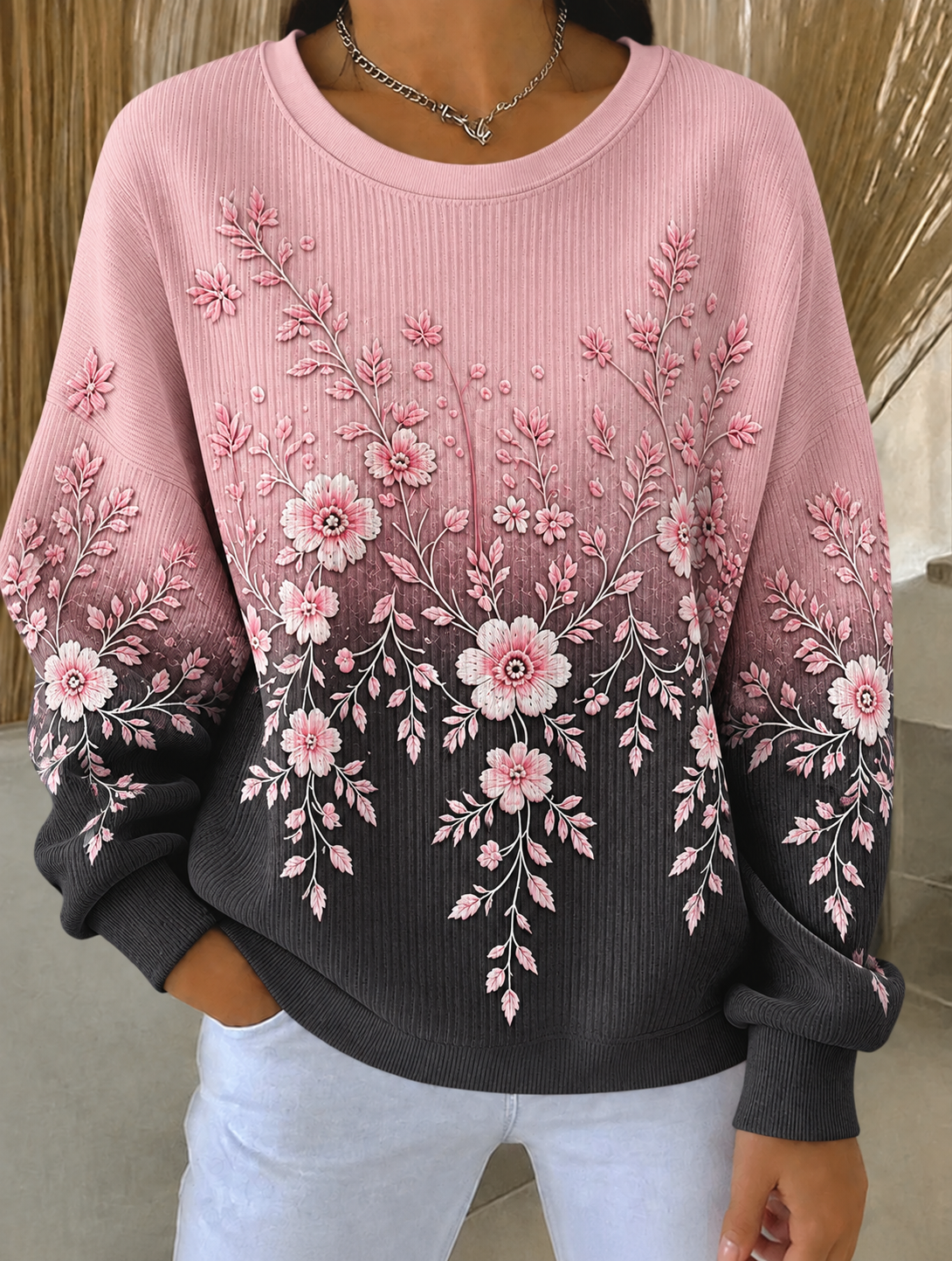 Women's Breast Cancer Ribbed Round-Neck Sweatshirt