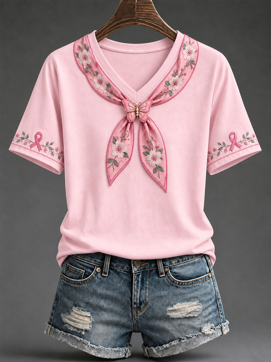 Women's Pink Ribbon Floral Art Print T-shirt