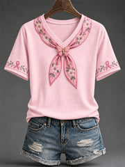 Women's Pink Ribbon Floral Art Print T-shirt