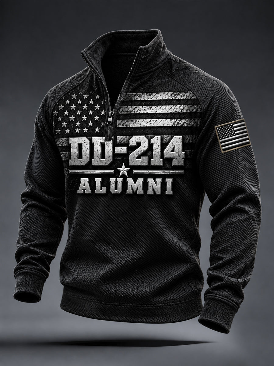 Men's Veterans Day DD-214 Alumni US Flag Camouflage Print Casual Zipper Pullover