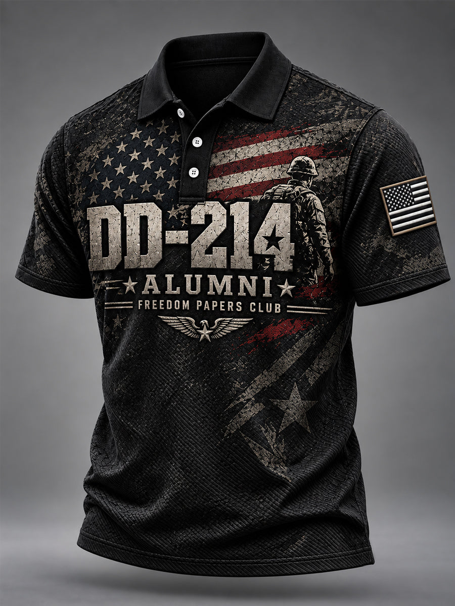 Men's Veterans Day DD-214 Alumni US Flag Print Casual Polo