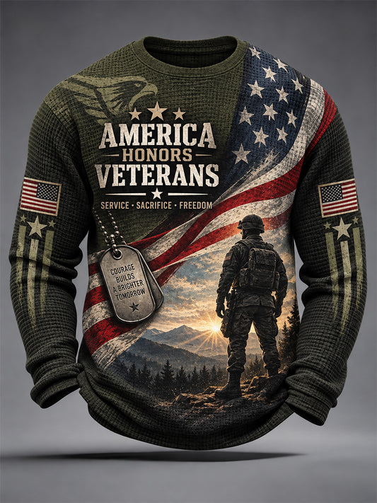 Men's  U.S. Veterans Day Print Casual Waffle Long Sleeve T-Shirt