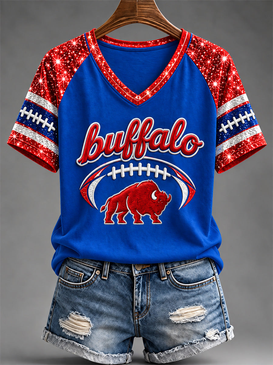 Women's Football Lover Buffalo Print Casual V-Neck Tee