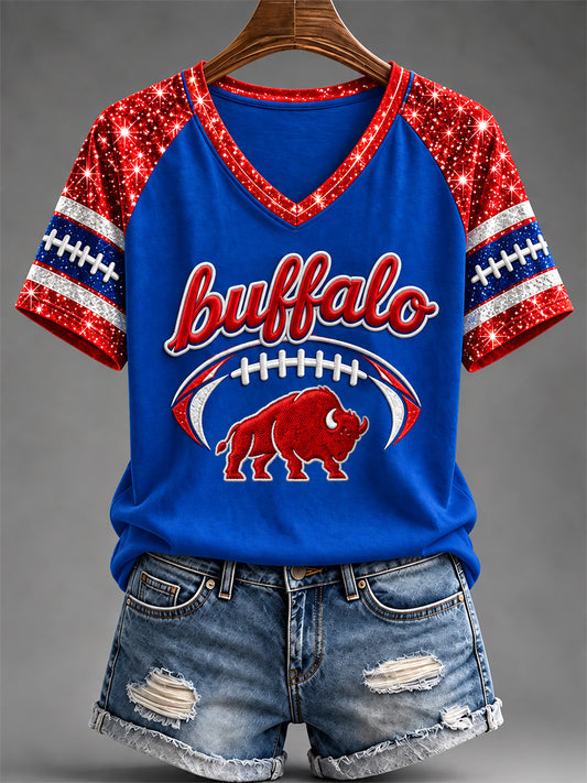 Women's Football Lover Buffalo Print Casual V-Neck Tee