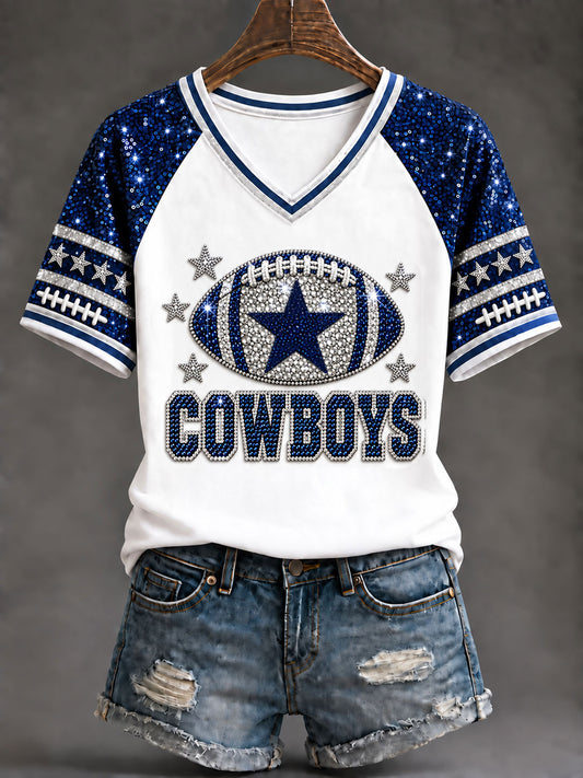 Women's Cowboys V-Neck Off-Shoulder Short-Sleeved T-shirt