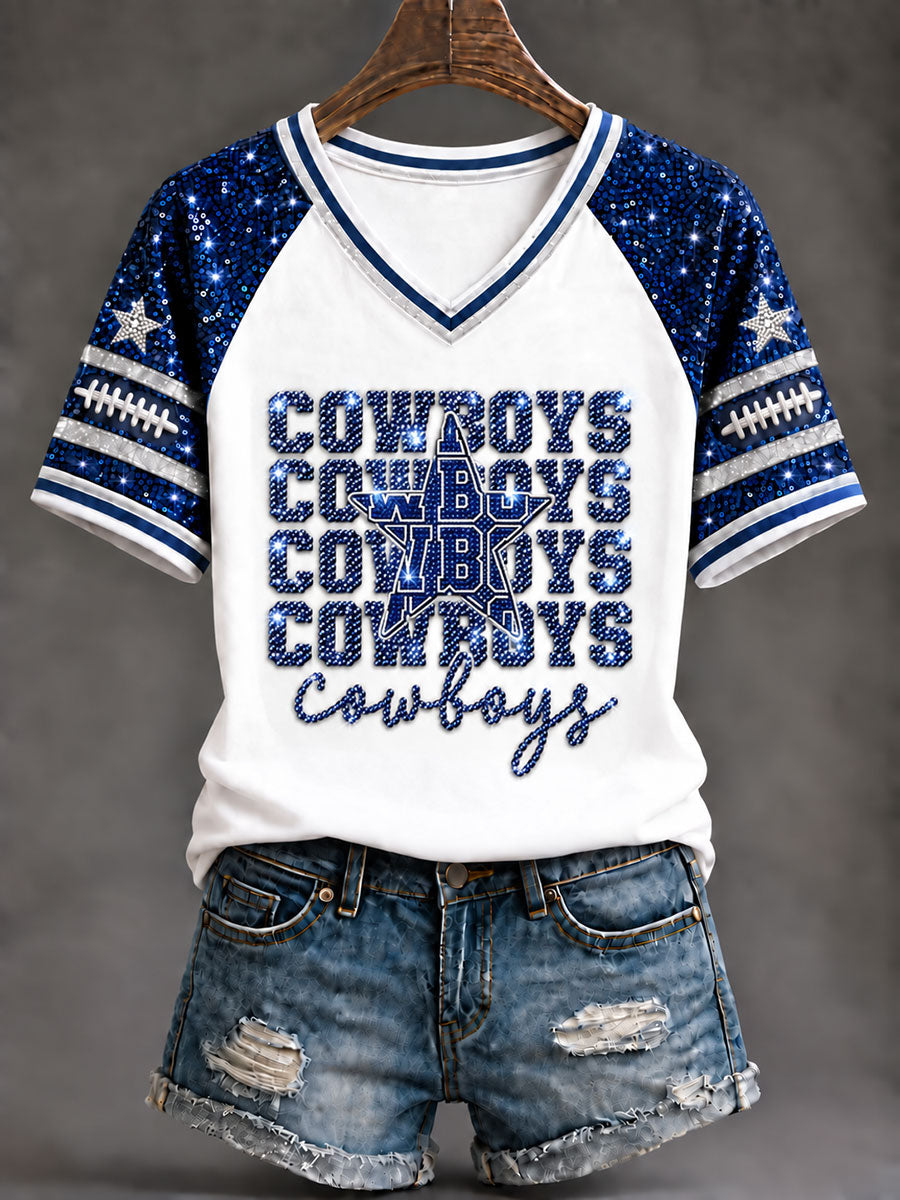 Women's Cowboys V-Neck Off-Shoulder Short-Sleeved T-shirt