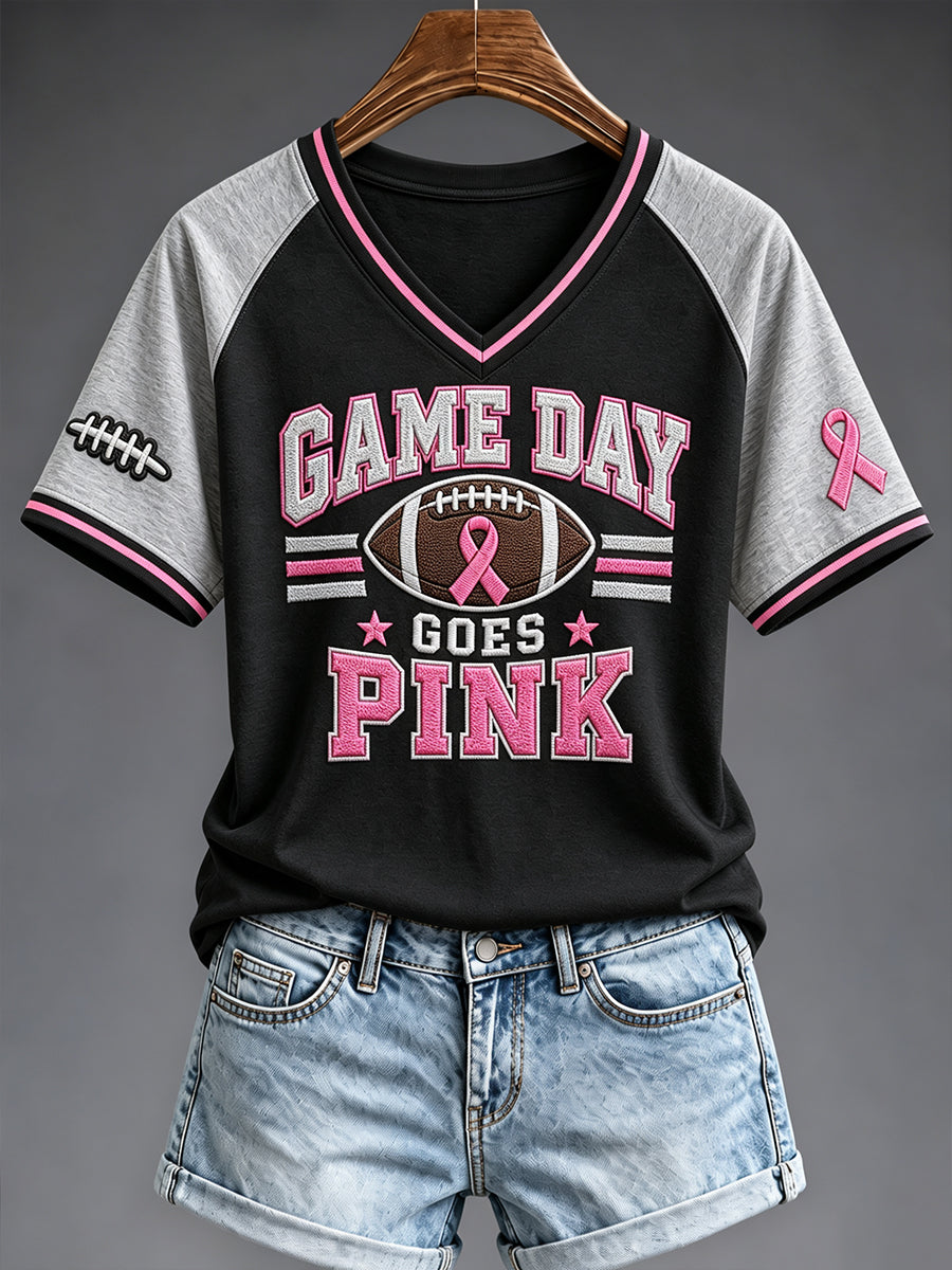 Women's Las Vegas Football Fan Breast Cancer Awareness Print V-neck T-shirt