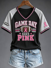 Women's Las Vegas Football Fan Breast Cancer Awareness Print V-neck T-shirt