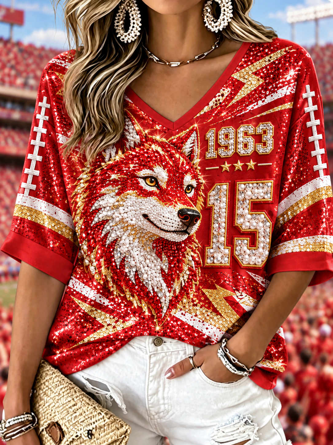Women's Mid-length Sleeves V-Neck T-Shirt