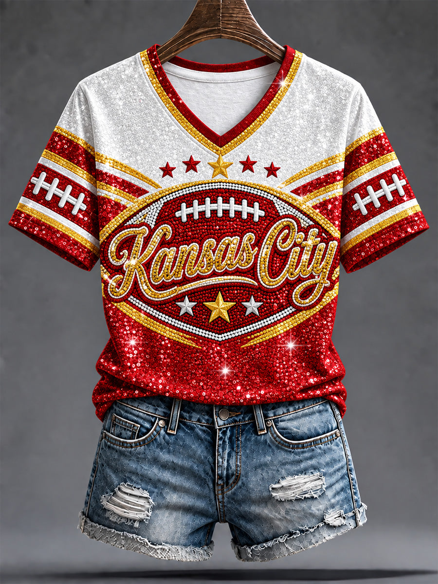 Women's Football Gameday Gift For Football Fans Print V-Neck Tee