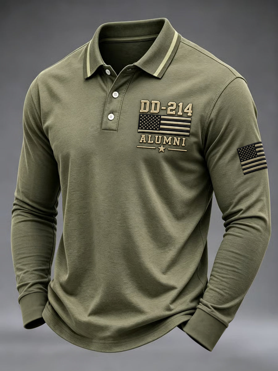Men's Veterans Day DD-214 Alumni US Flag Print Casual Long Sleeve Polo