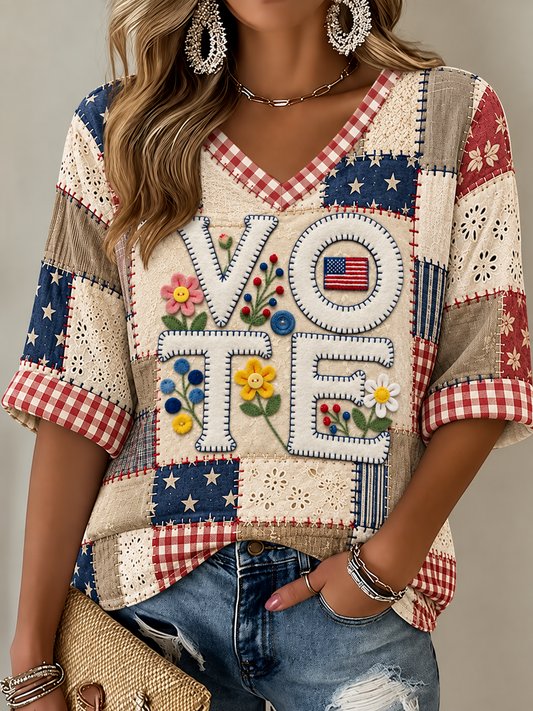 Women's VOTE Mid-length Sleeves V-Neck T-Shirt