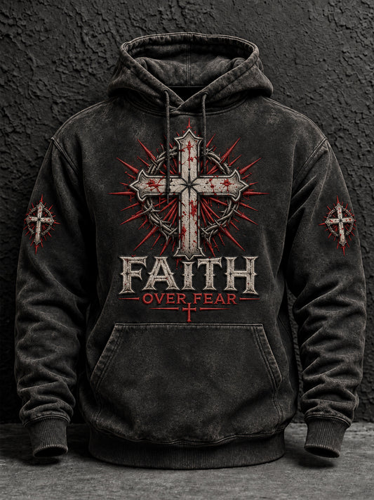 Men's Christian Faith Over Fear Oversized Drop-Shoulder Hoodie with Pockets