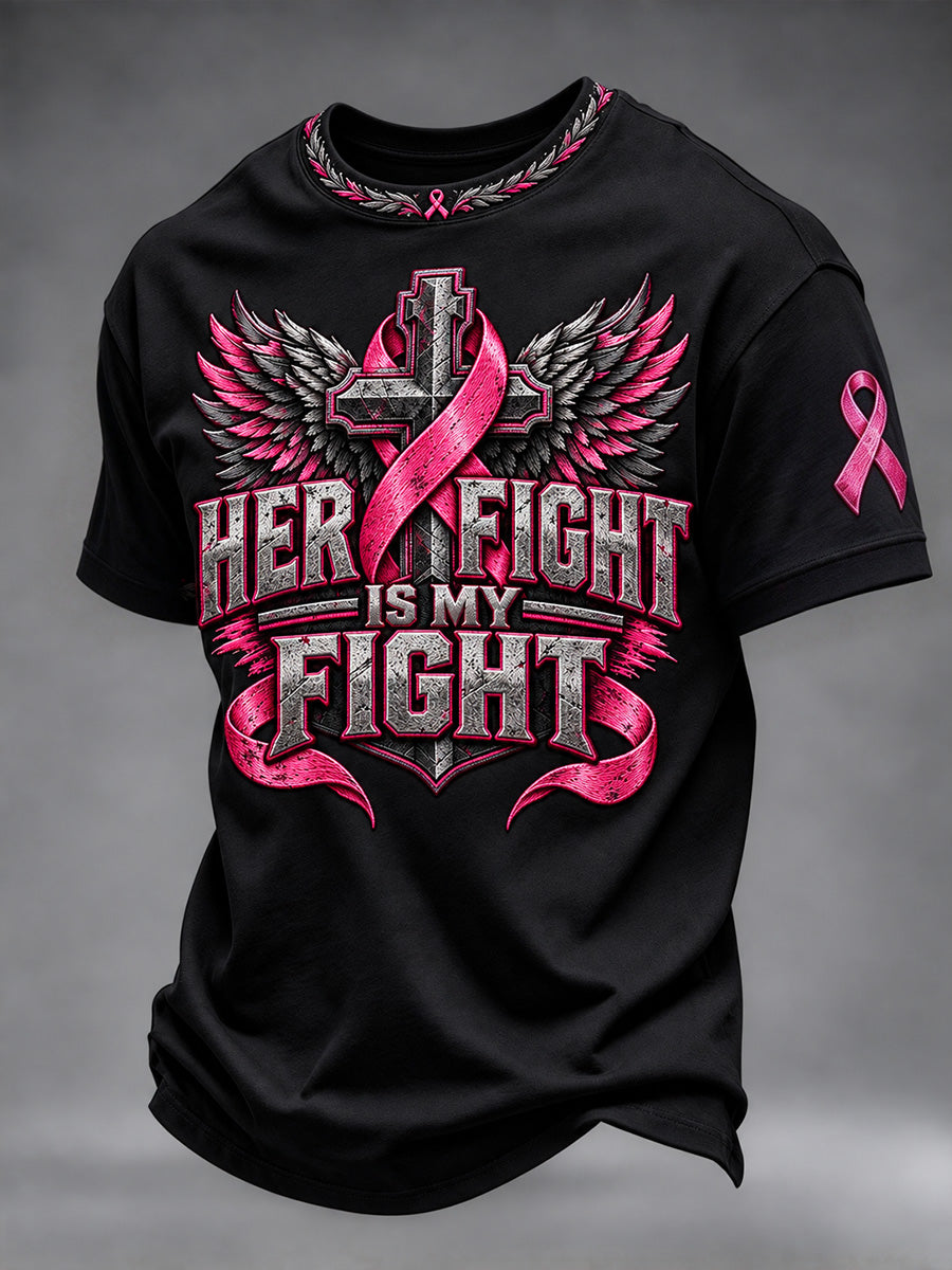 Men's Her Fight Is My Fight Pink Ribbon Print Short Sleeves T-shirt
