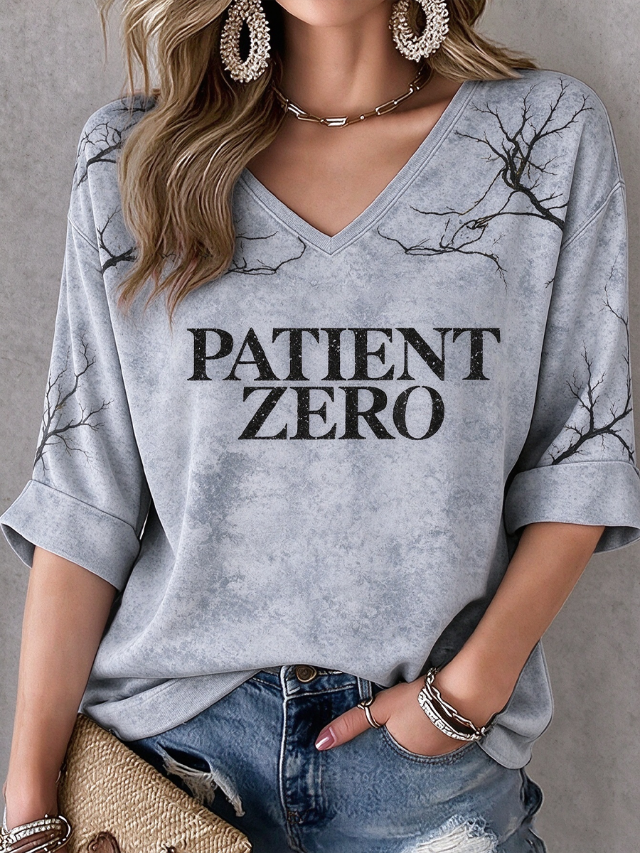 Women's Music Lover Art Printed Mid-length Sleeves V-Neck T-Shirt