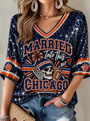 Women's Football Gameday Gift For Football Fans Mid-length Sleeves V-Neck T-Shirt
