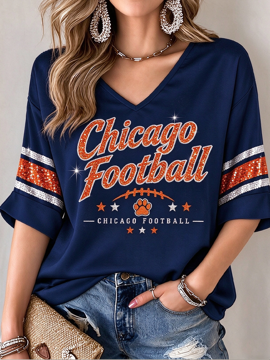 Women's Football Gameday Gift For Football Fans Mid-length Sleeves V-Neck T-Shirt