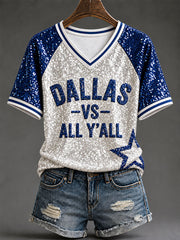 Women's Football Game Day V-neck off-shoulder short-sleeved T-shirt