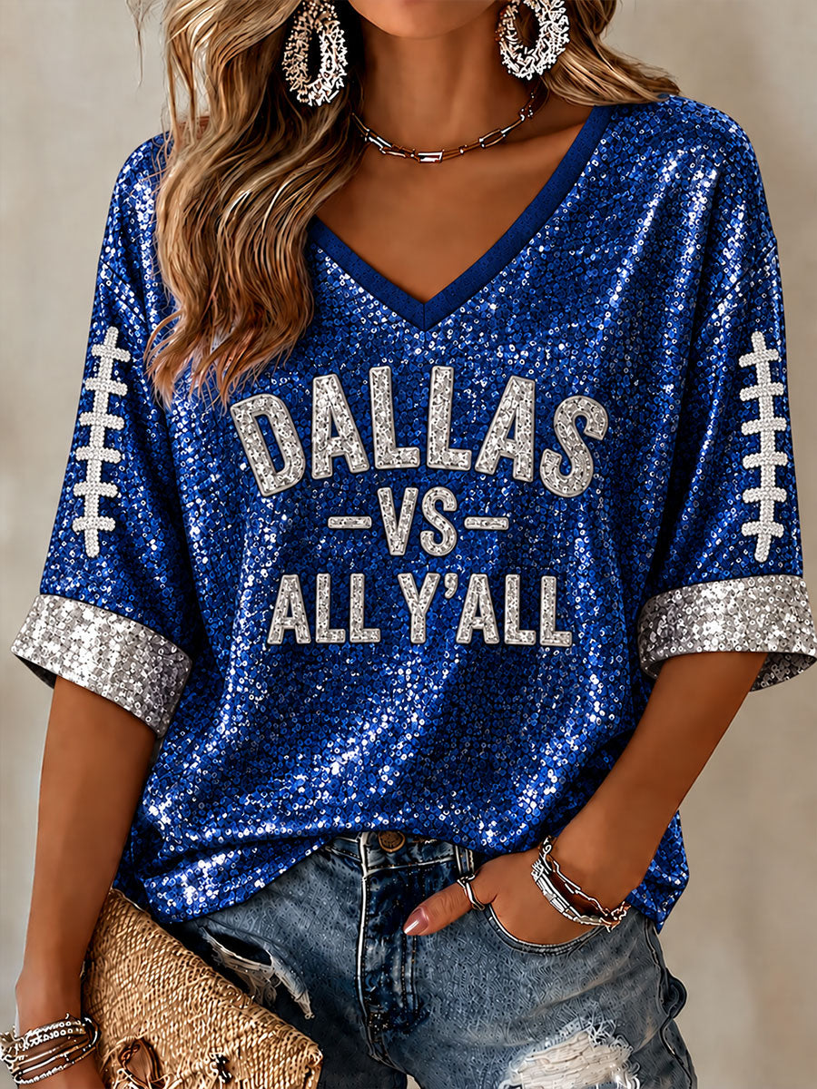 Women's Football Game Day Mid-length Sleeves V-Neck T-Shirt
