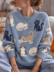 Women's Cat Printed Crew Neck Sweater