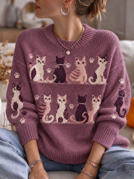Women's Cat Printed Crew Neck Sweater