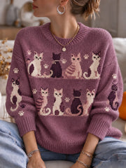 Women's Cat Printed Crew Neck Sweater