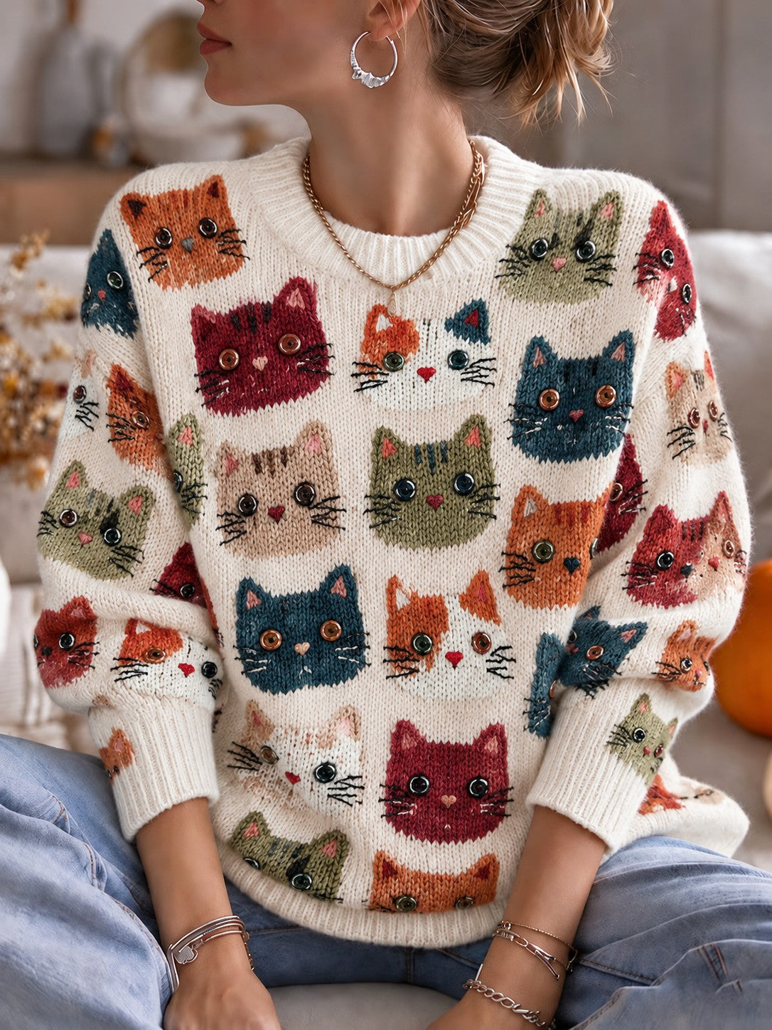 Women's Cat Printed Crew Neck Sweater