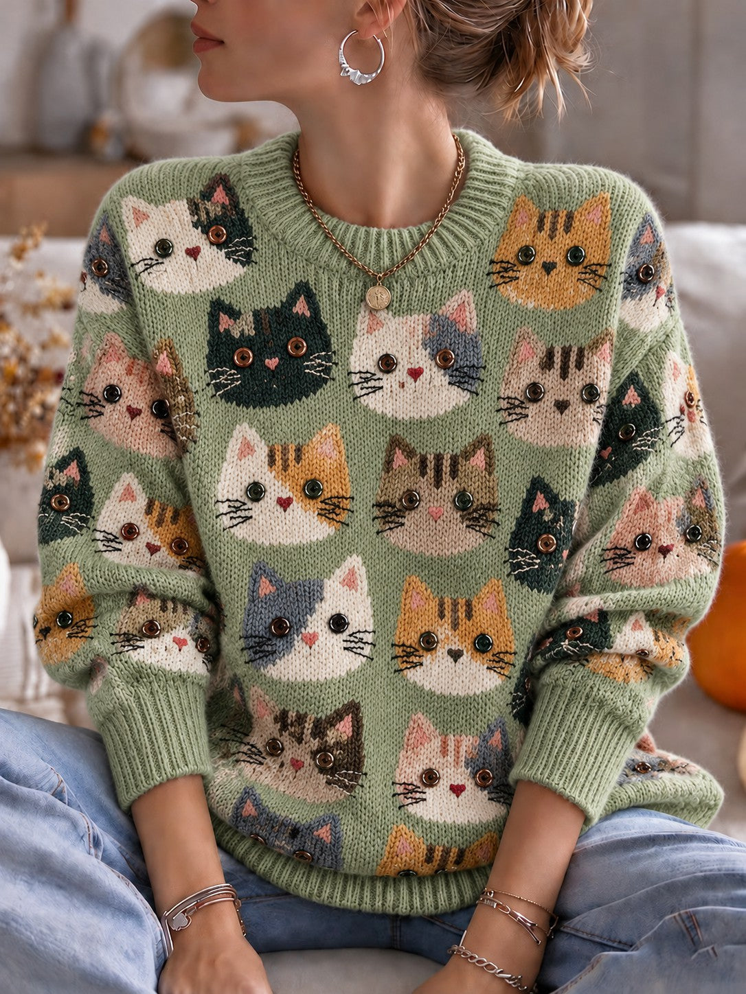 Women's Cat Printed Crew Neck Sweater