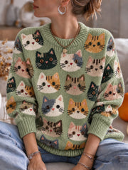Women's Cat Printed Crew Neck Sweater
