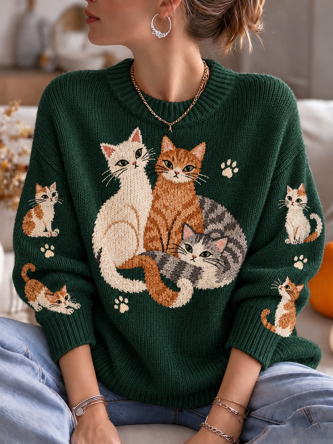 Women's Cat Printed Crew Neck Sweater