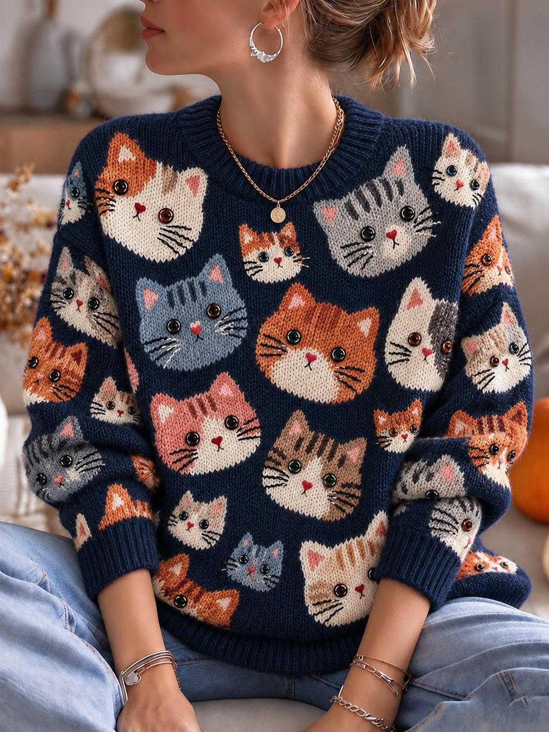 Women's Cat Printed Crew Neck Sweater