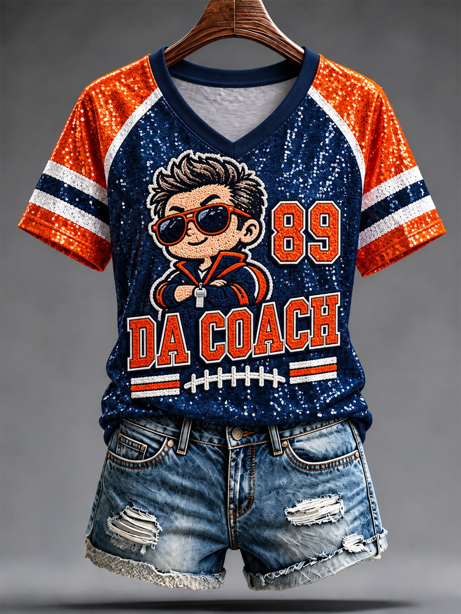 Women's Chicago Football Lover Da Coach Legend Printed V-neck off-shoulder short-sleeved T-shirt