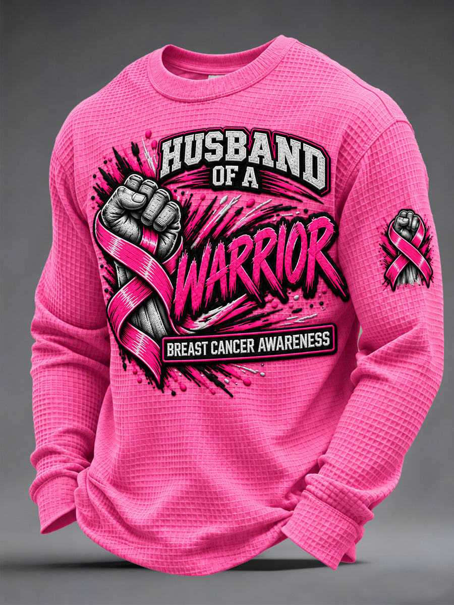 Men's Husband of a Warrior Cancer Print Waffle Long Sleeve Top