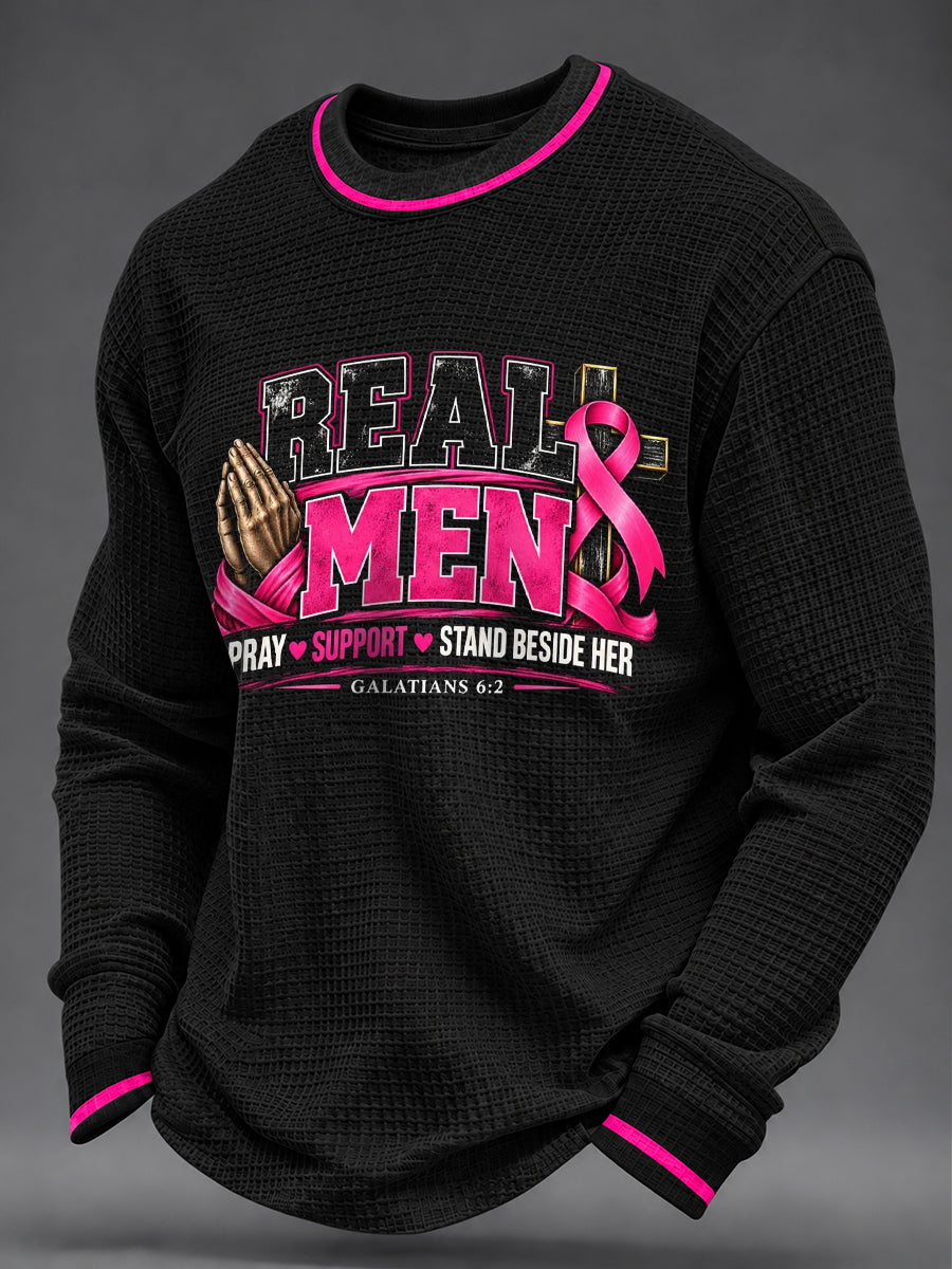 Men's Real Men Wear Pink Breast Cancer Awareness Print Waffle Sweatshirt