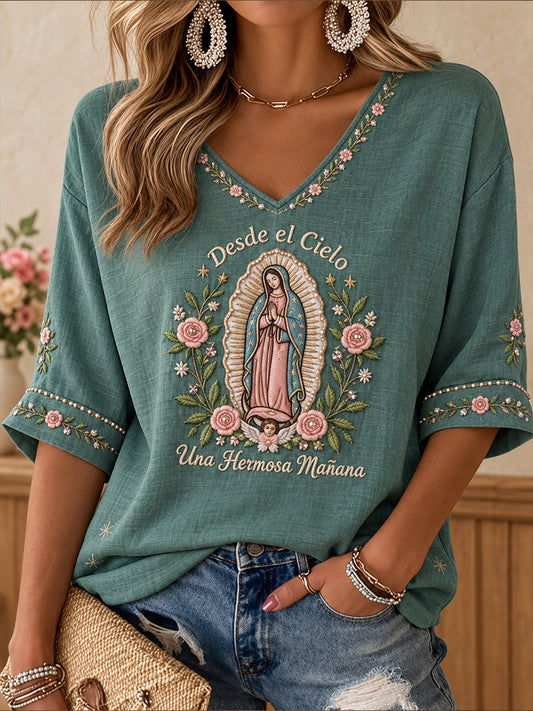 Women's Our Lady of Guadalupe Day Faith Lover Art Printed T-shirt