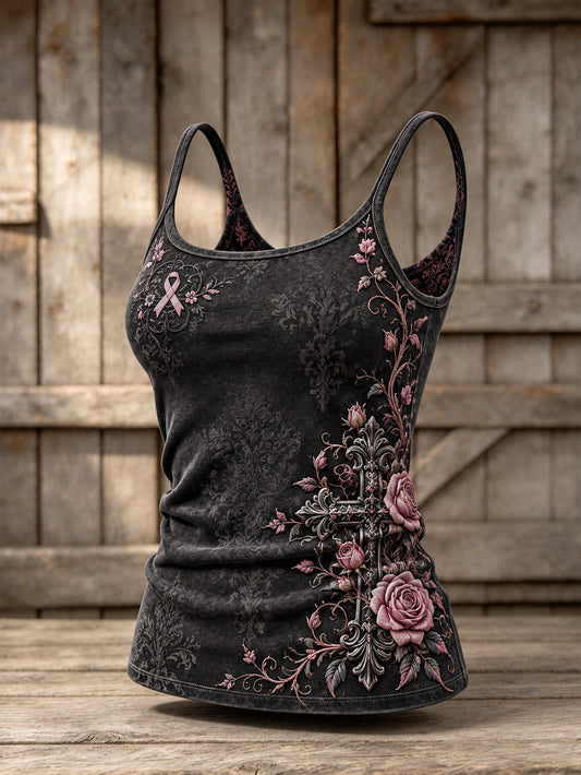 Women's Corss and Pink Charity Ribbon Pattern Design Casual Vest