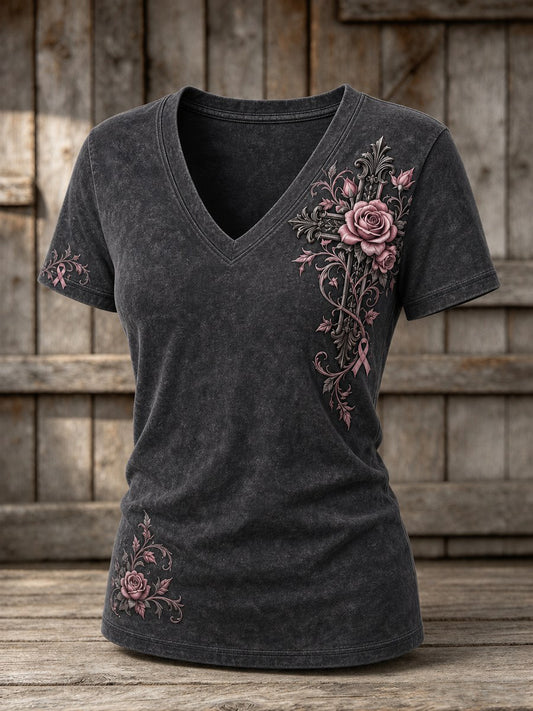Women's Pink Ribbon Gothic Floral Cross Print Short-sleeved T-shirt