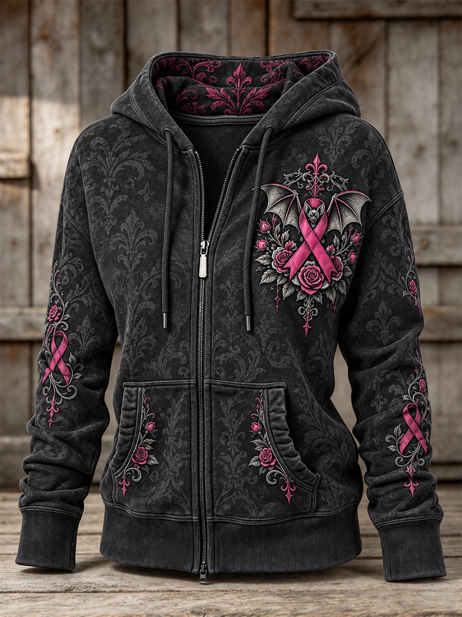 Women's Gothic Bat & Pink Ribbon Roses Floral Print Zip-Up Hoodie