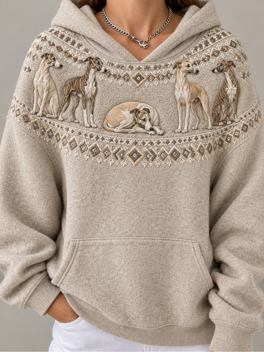 Women's Vintage Whippet Dogs Yoke Isle Pattern Print Hoodie