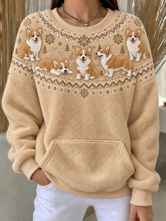 Women's Vintage Corgi Dogs Yoke Isle Print Cozy Flannel Sweatshirt