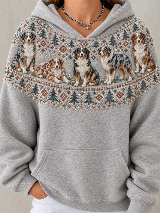 Women's Vintage Australian Shepherd Dogs Yoke Isle Pattern Print Hoodie