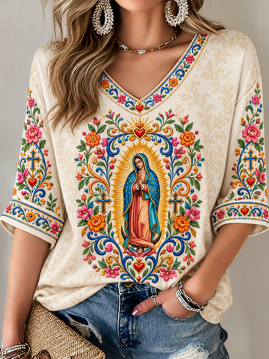 Women's Feast of Our Lady of Guadalupe art Printed Mid-length Sleeves V-Neck T-Shirt
