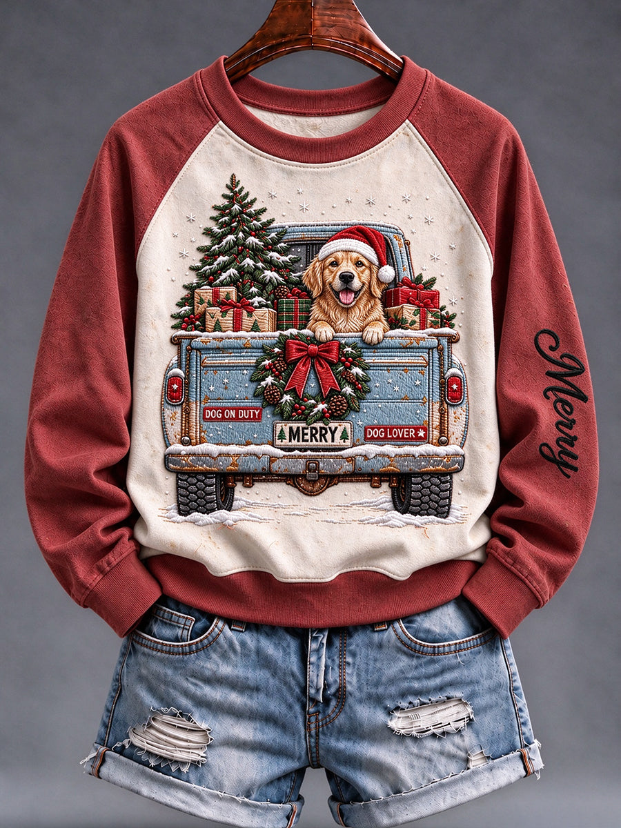Women's Christmas Dog Truck Raglan Sweatshirt