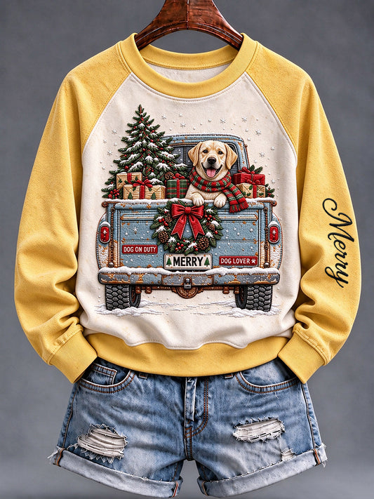 Women's Christmas Dog Truck Raglan Sweatshirt
