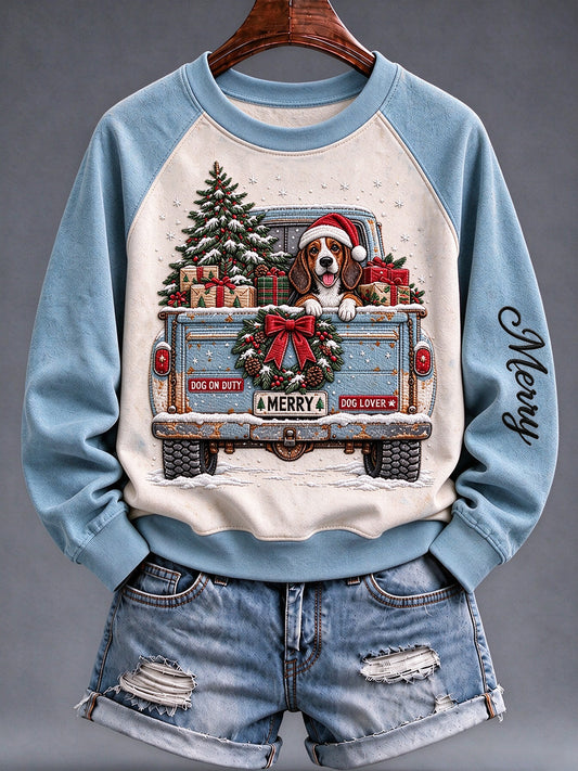 Women's Christmas Dog Truck Raglan Sweatshirt