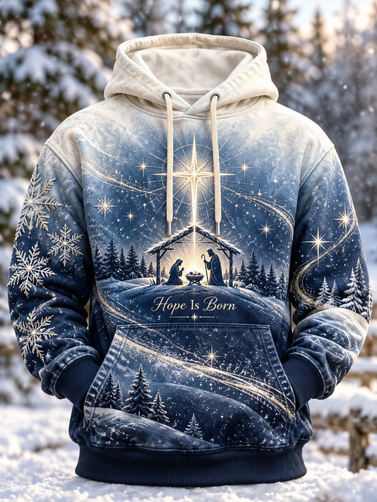 Men's Christian Christmas Art Print Oversized Drop-Shoulder Hoodie with Pockets