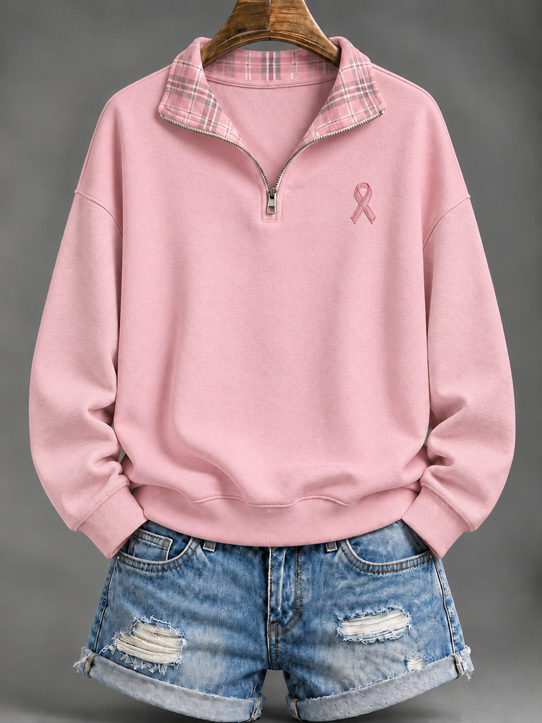 Women's Pink Checkered and Pink Charity Ribbon Pattern Casual Half-Zip Sweatshirt