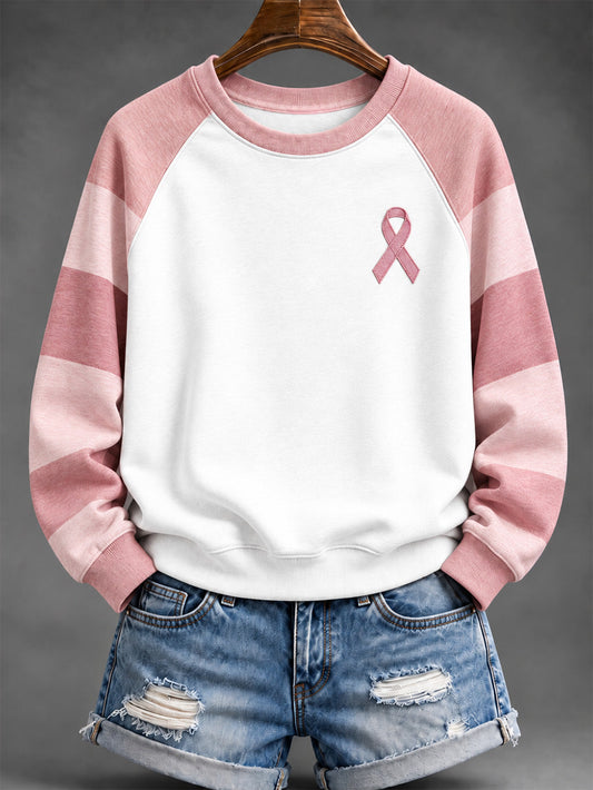 Women's Pink Striped and Pink Charity Ribbon Pattern Casual Raglan Sleeve Sweatshirt