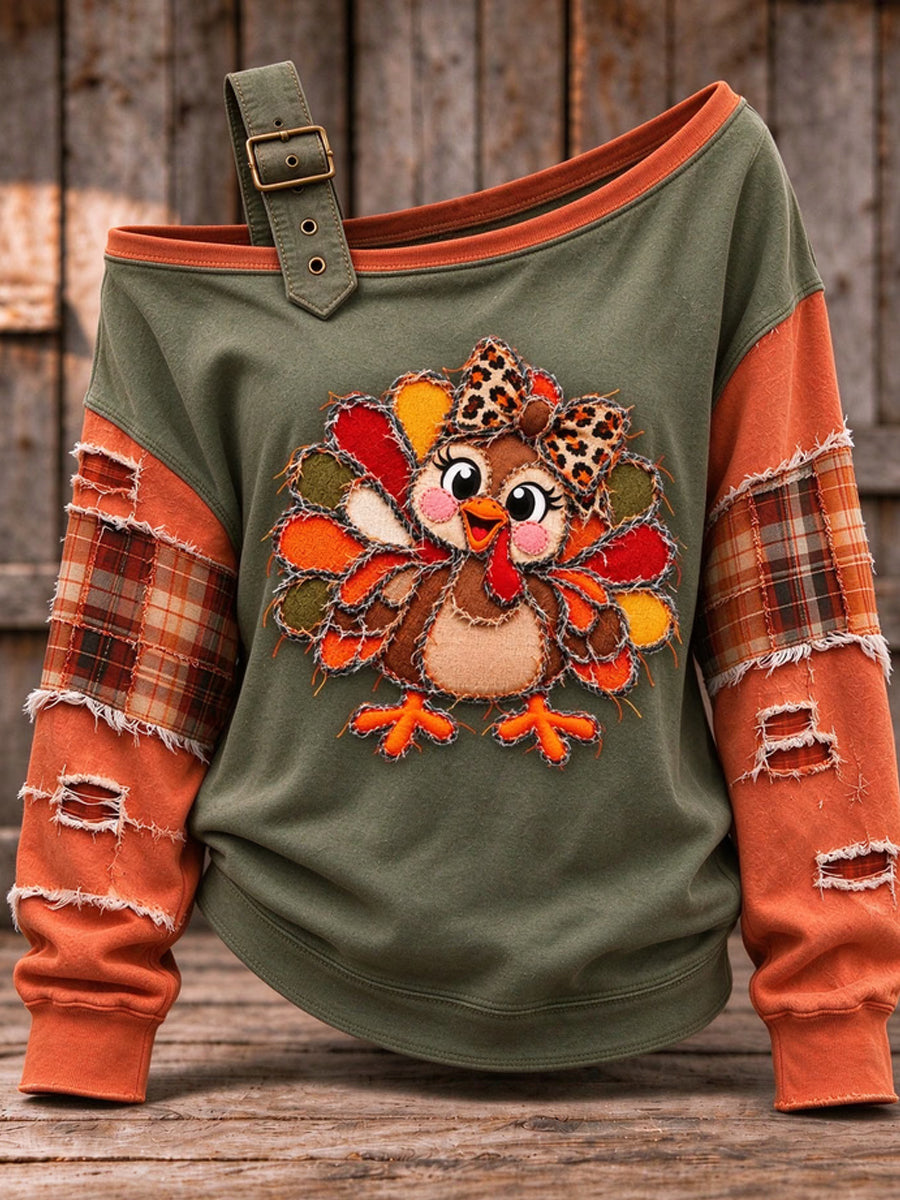 Women's Cute Thanksgiving Turkey Face Art  Casual Off-Shoulder Sweatshirt